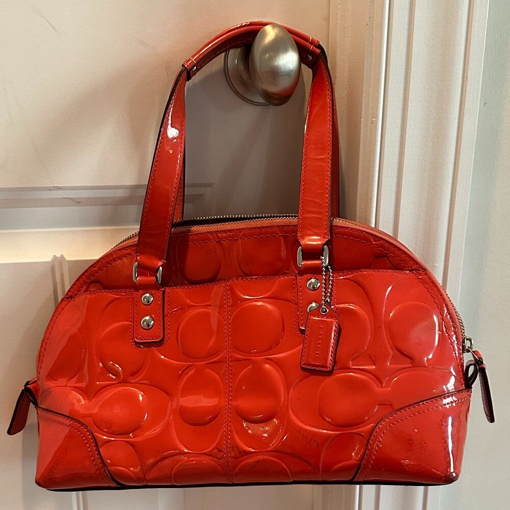 USED Coach F14412 Orange Embossed Signature Patent Leather Satchel Handbag